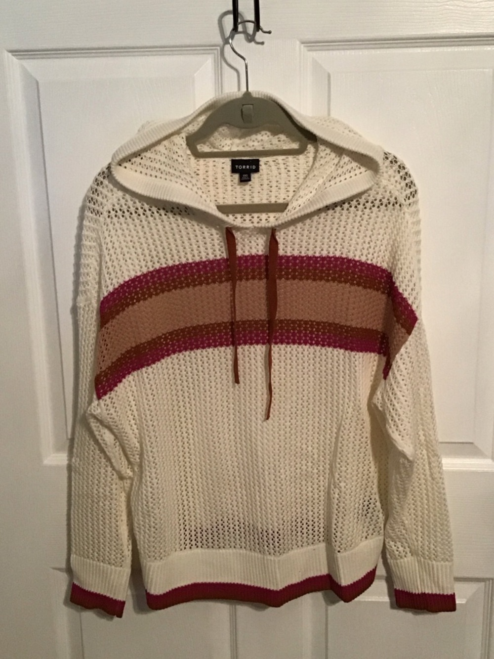 torrid Cream Hooded Open-Knit Sweater with Pink and Tan Stripes